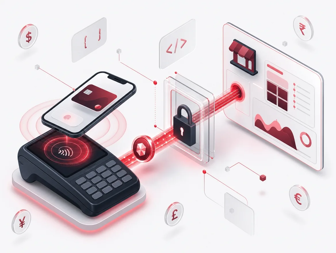 Contactless card payment moving through a tokenised gateway into merchant settlement reporting