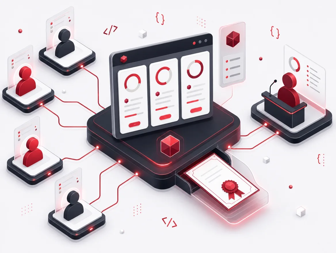 Learning management system linking learners, course content, progress tracking, and certification