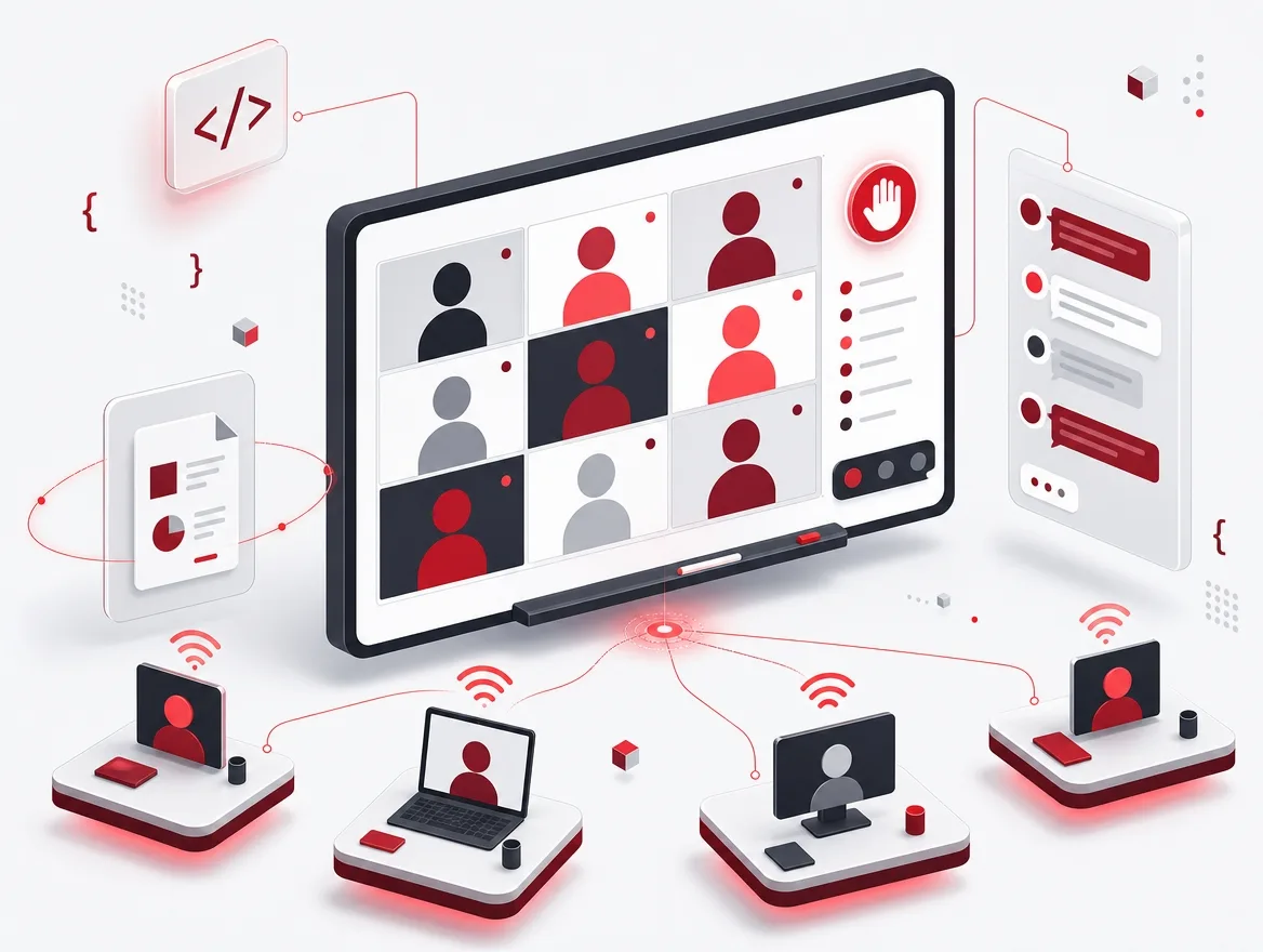 Virtual classroom platform with a live participant grid, chat, shared material, and connected learner devices