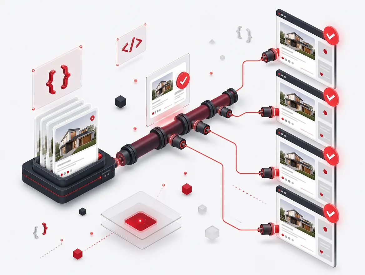 Property listing data syndicated from one source feed out to multiple portals and consuming systems