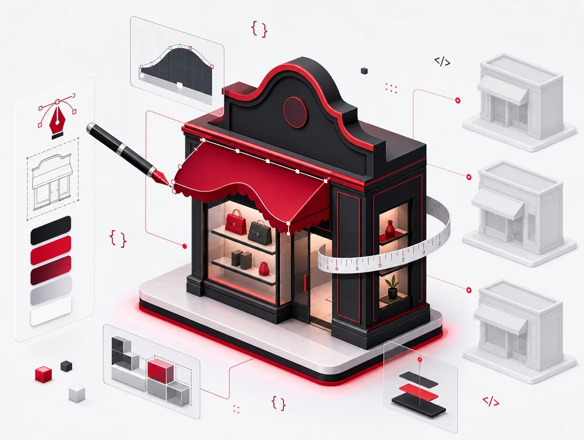 An online storefront being edited alongside layout and design panels